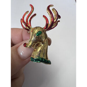 Rudolph Reindeer Pin Christmas Gold Tone Holiday Brooch Red Antlers Enamel